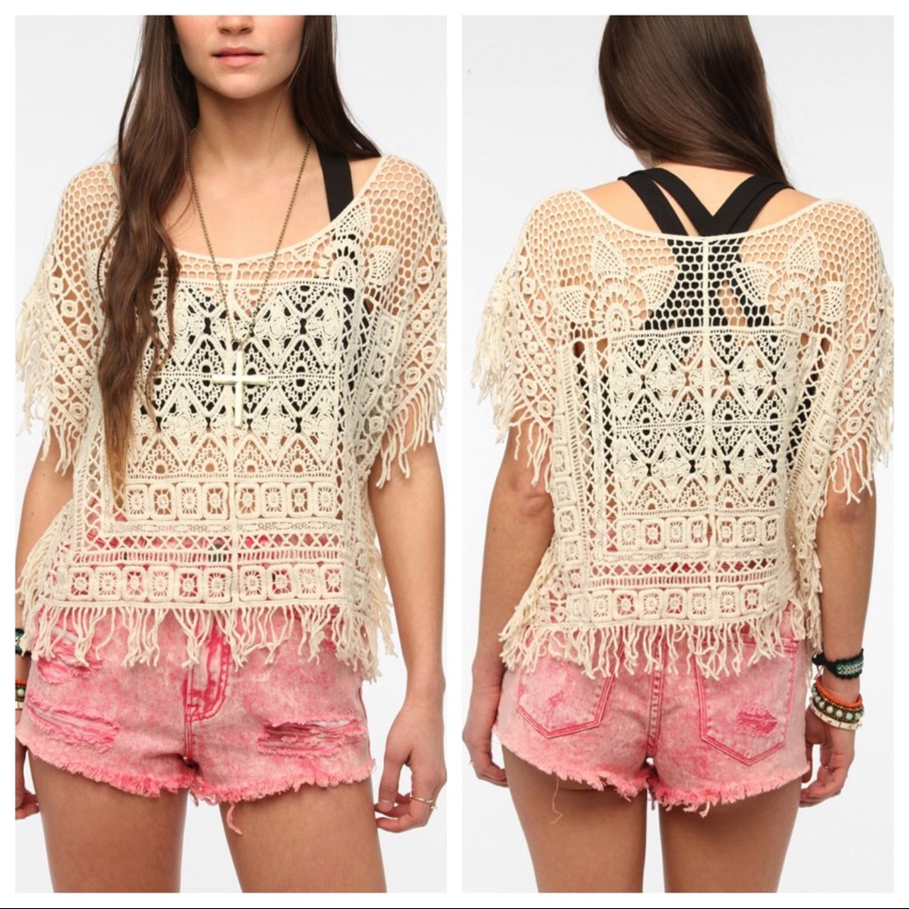 Urban Outfitters Ecote Crochet Boho Fringe Festival Sheer Cream Crop Top - XS